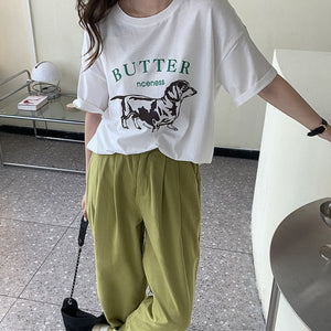 [Korean Style] Round Neck Dropped Shoulder Dog Graphic Box Tee