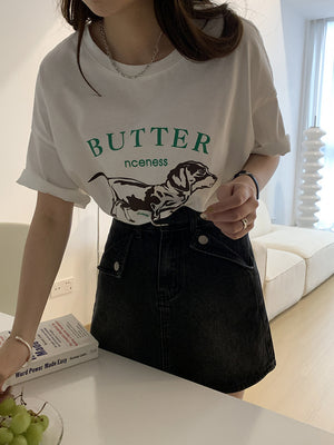 [Korean Style] Round Neck Dropped Shoulder Dog Graphic Box Tee