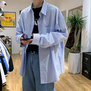 [Korean Style] Black/Blue Striped Casual Shirts