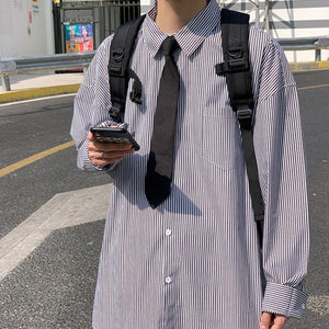 [Korean Style] Black/Blue Striped Casual Shirts