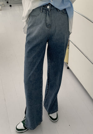 [Korean Style] High Rise Gradient Wide Leg Denim Slit Jeans