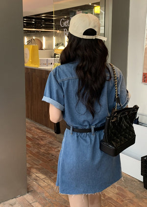 [Korean Style] Short Sleeve Denim One Piece Shirt Dress
