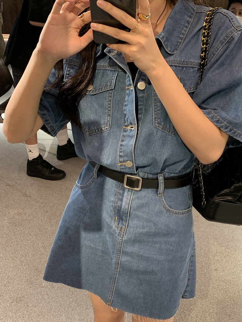 [Korean Style] Short Sleeve Denim One Piece Shirt Dress
