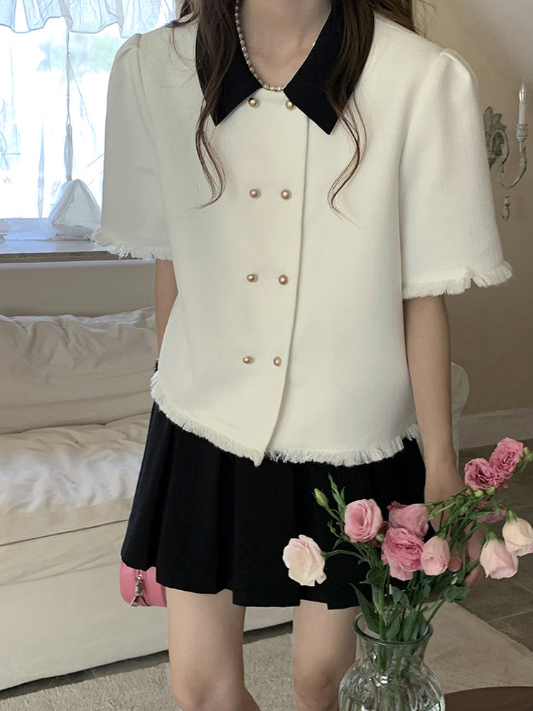 [Korean Style] Vintage Style Contrast Color Double Breasted Blouse
