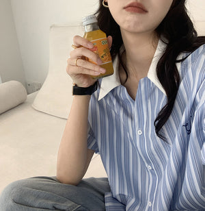 [Korean Style] Loose Fit Pink Blue Short Sleeve Striped Shirts