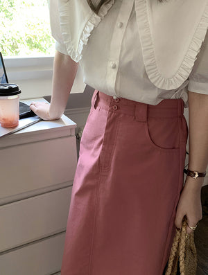 [Korean Style] 2 Colors Cinched Waist Long Slit Skirt w/ Pockets