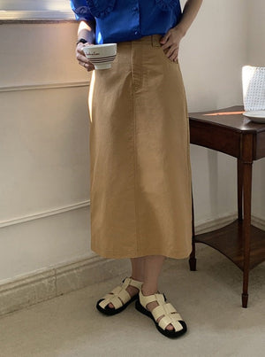 [Korean Style] 2 Colors Cinched Waist Long Slit Skirt w/ Pockets