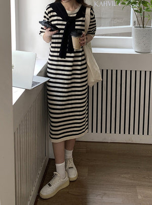 [Korean Style] Round Neck Short Sleeve Striped Midi Dress w/ Shawl