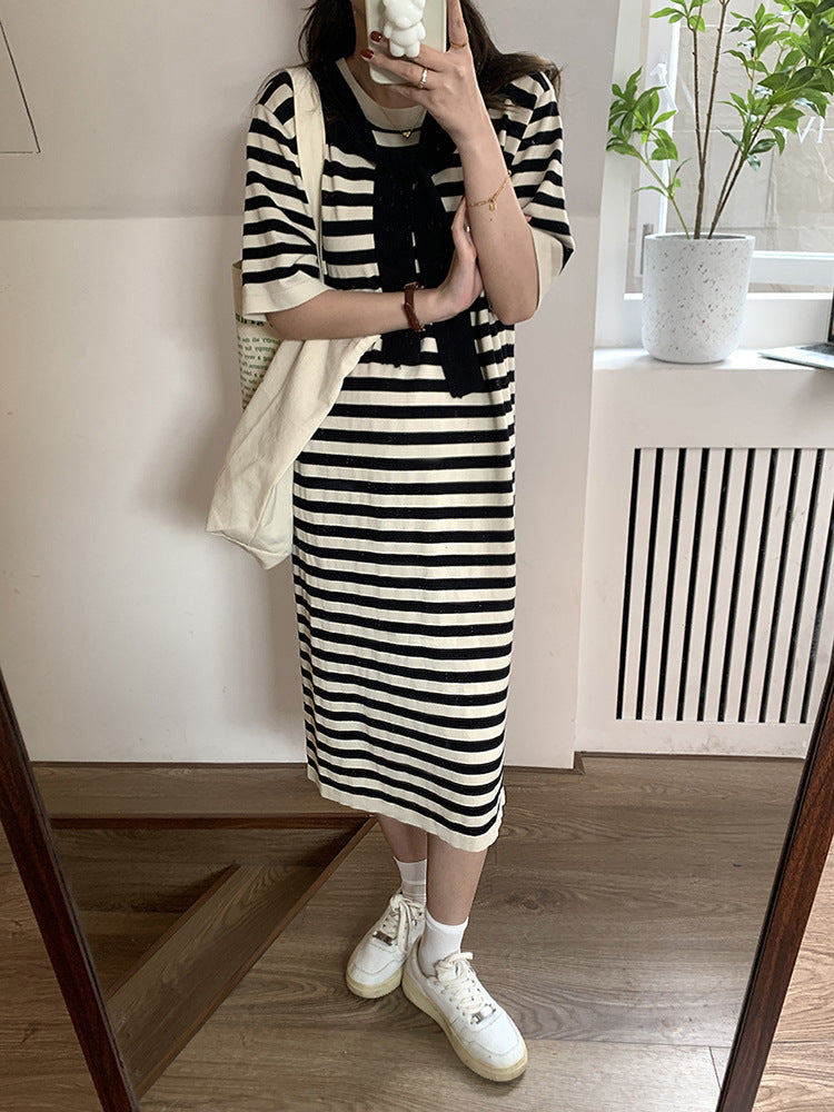 [Korean Style] Round Neck Short Sleeve Striped Midi Dress w/ Shawl