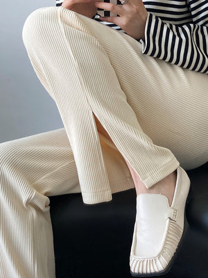 [Korean Style] Flattering Drawstring Cinched Waist Wide Leg Slit Pants w/ Pockets