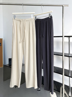[Korean Style] Flattering Drawstring Cinched Waist Wide Leg Slit Pants w/ Pockets