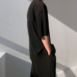[Korean Style] Black Pleated Loose-Fit T-shirts