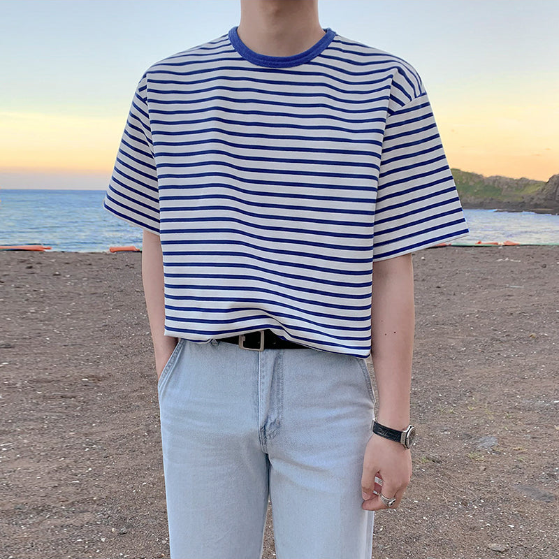 [Korean Style] Stripe Printing Cotton T-shirt