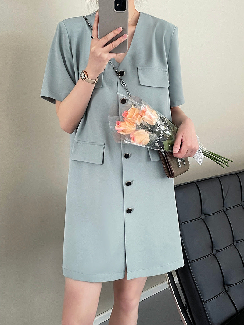 [Korean Style] Collarless V-neck Button Front One Piece Mini Dress