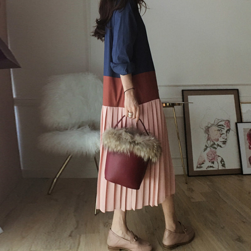 [Korean Style] Lapel Collar Pleated Midi Shirt Dress