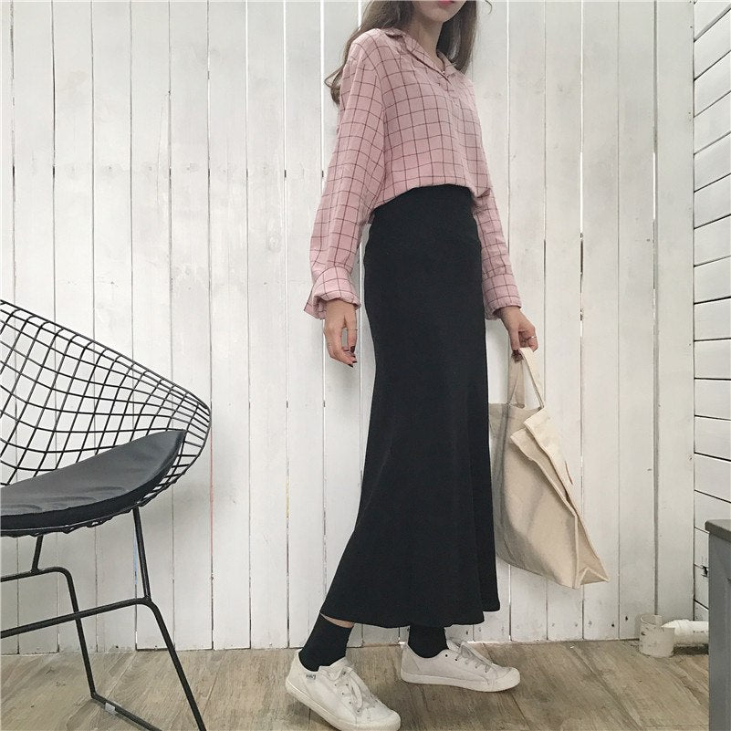 [Korean Style] High Waist Weave Ankle Length Skirt