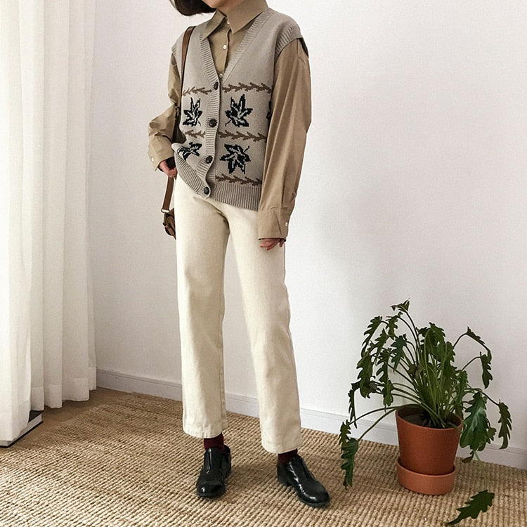 [Korean Style] Maple Pattern Knit Retro Vest