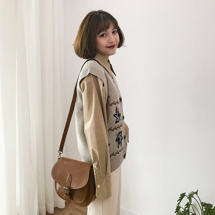 [Korean Style] Maple Pattern Knit Retro Vest
