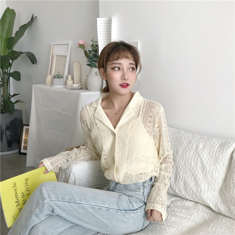 [Korean Style] Long Sleeve Lace See Through Blouse