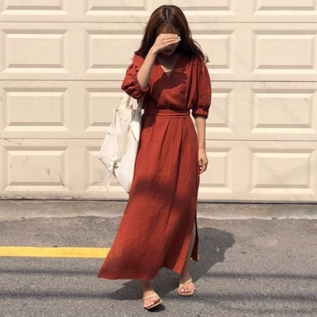 [Korean Style] High Waist V Neckline Maxi Mono Dress