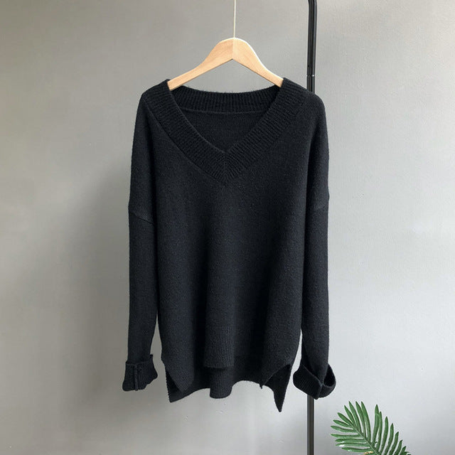 [Korean Style] V-neck Off shoulder Rib Knit Pullover