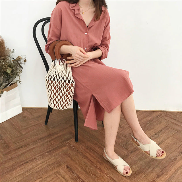 [Korean Style] V Turndown Button Split Long Elegant Shirt Dress