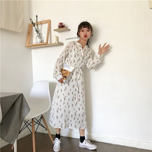 [Korean Style] Floral Print Long Sleeve Midi Dress
