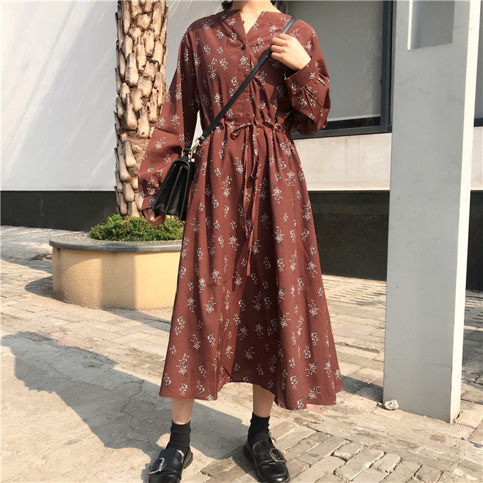 Korean Style] Floral Print Long Sleeve Midi Dress – Ordicle