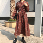 [Korean Style] Floral Print Long Sleeve Midi Dress