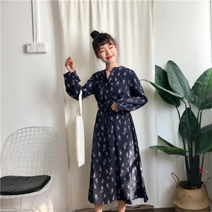[Korean Style] Floral Print Long Sleeve Midi Dress