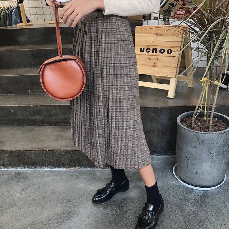 [Korean Style] Plaid Pleated Midi Skirt
