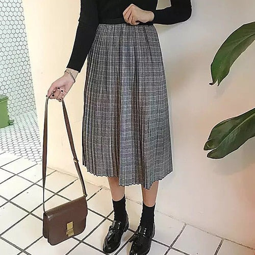 [Korean Style] Plaid Pleated Midi Skirt