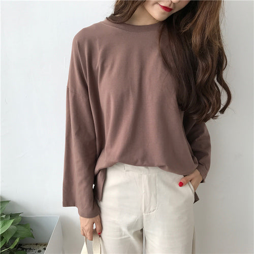 [Korean Style] Solid color long-sleeved Cotton T-shirt