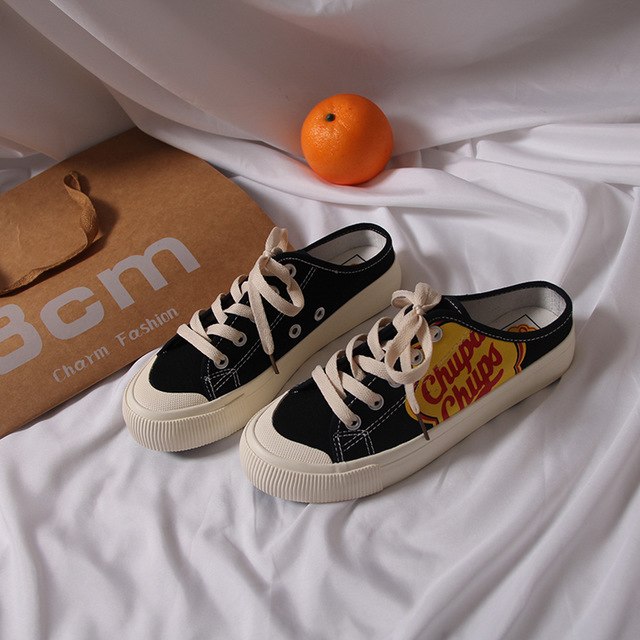 [Korean Style] POP Art Half Drag Canvas Shoes