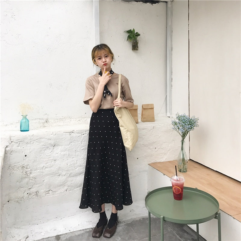 [Korean Style] Pokadots A-line High Waist Skirt