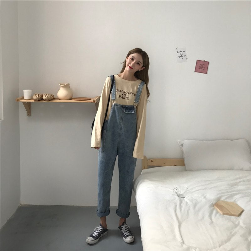 [Korean Style] Basic Denim Jumpsuit with Pockets