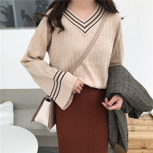 [Korean Style] Striped Knitted Bell Sleeve Pullover