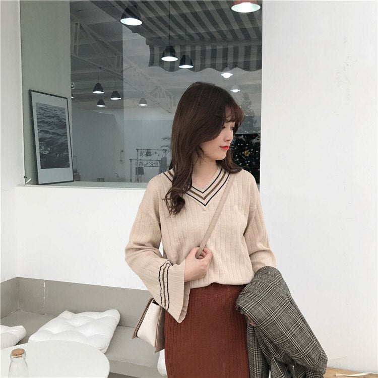 [Korean Style] Striped Knitted Bell Sleeve Pullover