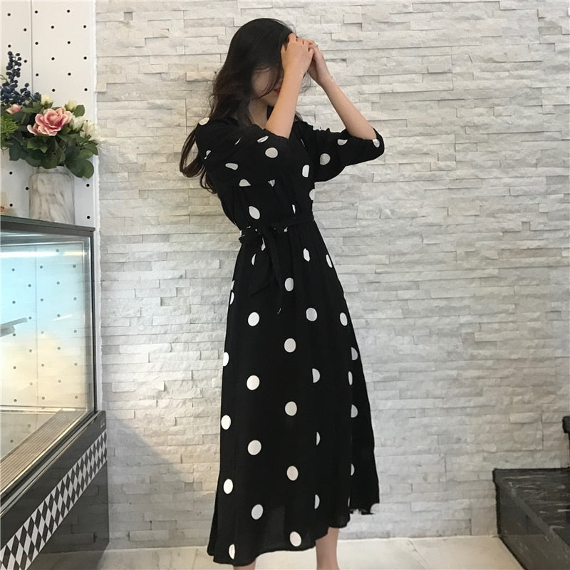 [Korean Style] Pokadots One-Piece Belted Long Dress