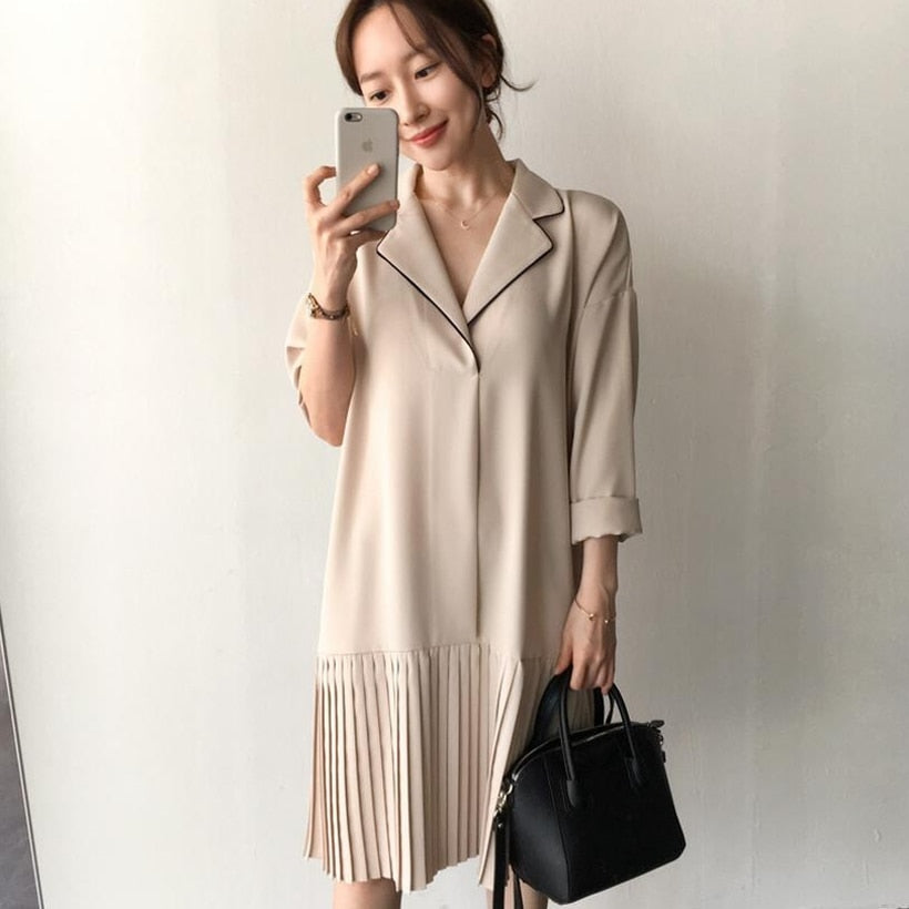 [Korean Style] Liz Turn-over Collar Pleated Mini Dress