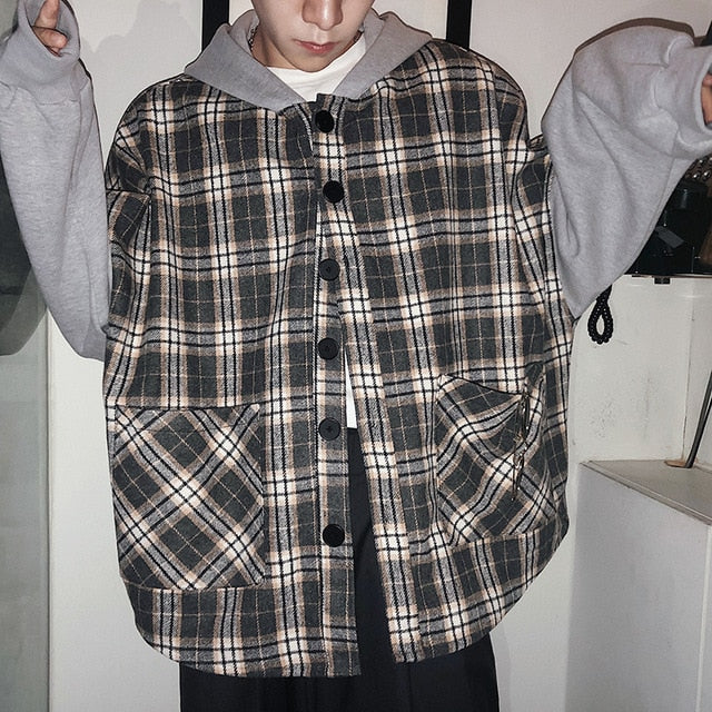 [Korean Style] Check-Pattern Street Hoodie Jacket