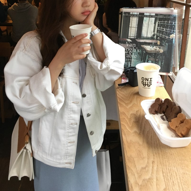 [Korean Style] Heather Creamy Cropped Denim Jacket