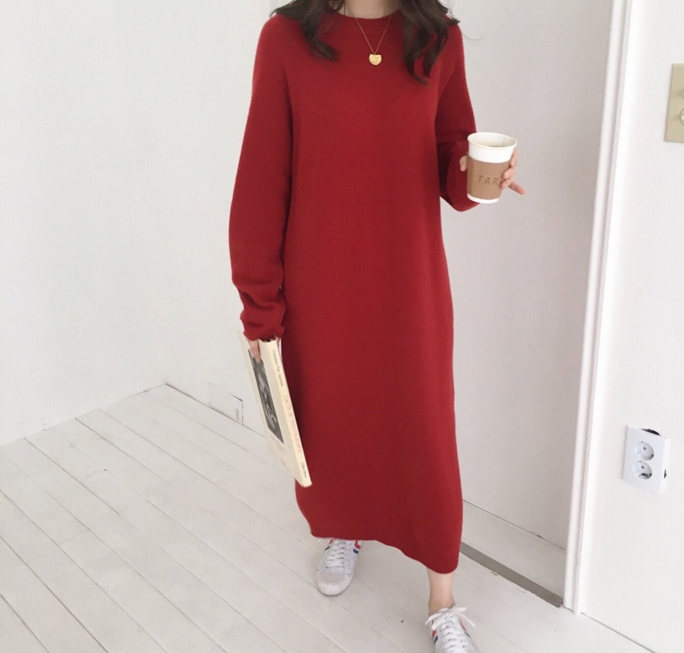 [Korean Style] Round Neck Ankle Length Knit Dress