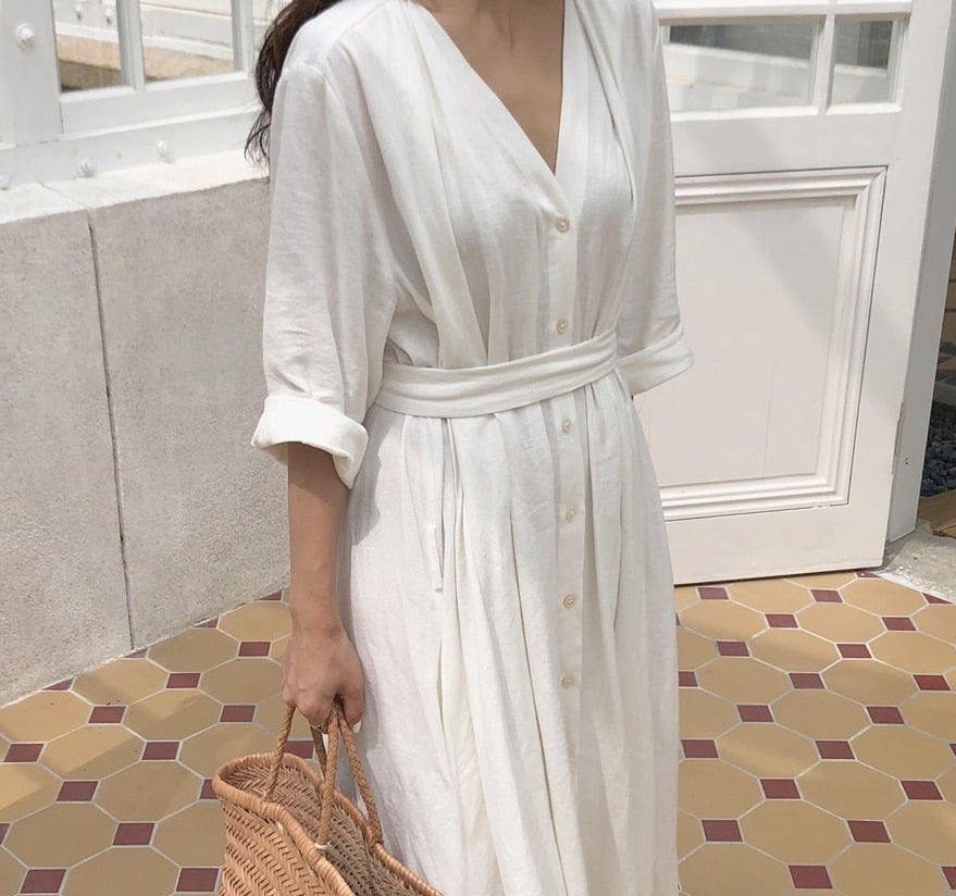 [Korean Style] Lofee V neck belted Maxi Dress