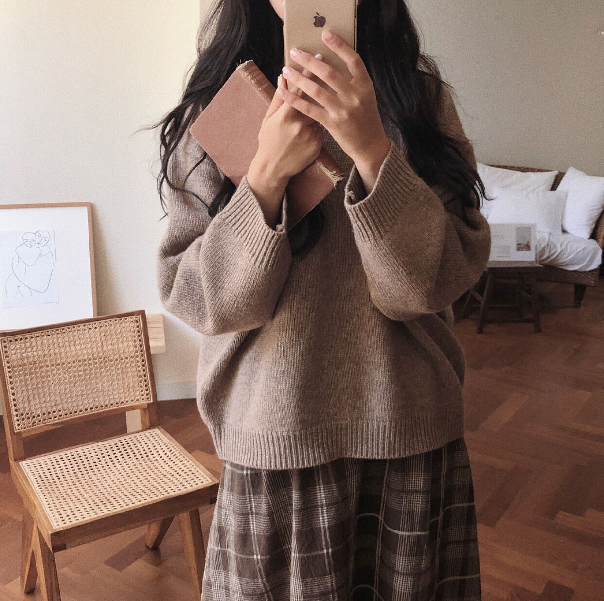 [Korean Style] Mocha Round Neck Sweater with Checked Skirt Set