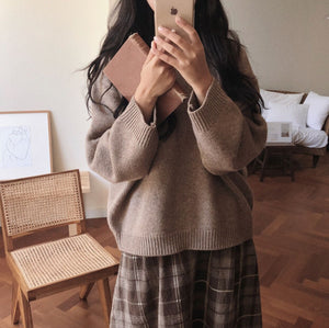 [Korean Style] Mocha Round Neck Sweater with Checked Skirt Set