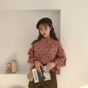 [Korean Style] Banbi Polka Dot Blouser with Ruffled Sleeves