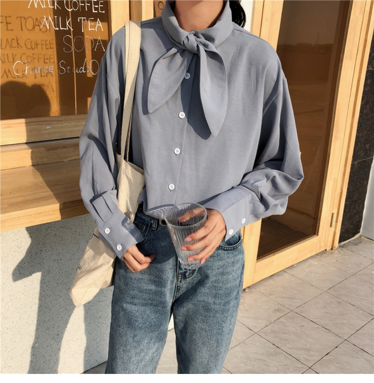[Korean Style] Bunny Ribbon Solid Color Shirts
