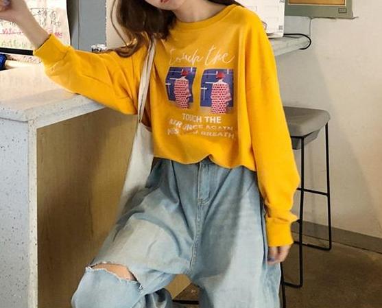 [Korean Style] Round Neckline Casual Print Hooded Sweatshirt