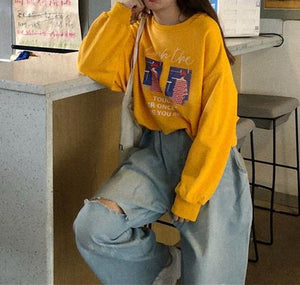 [Korean Style] Round Neckline Casual Print Hooded Sweatshirt